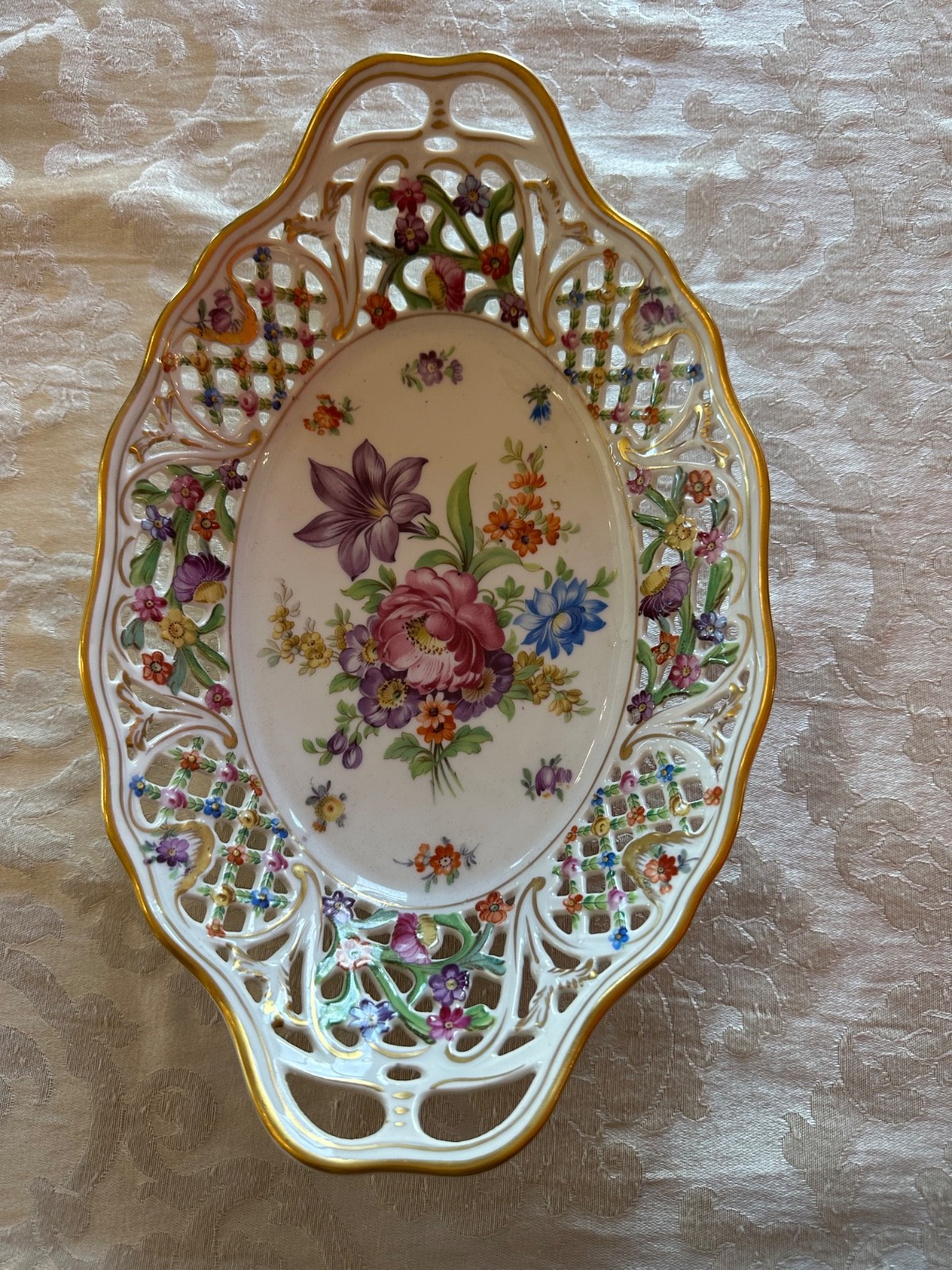 12” Schumann Bavaria Dresden Hand Painted Floral Gilt Pierced Oval dish