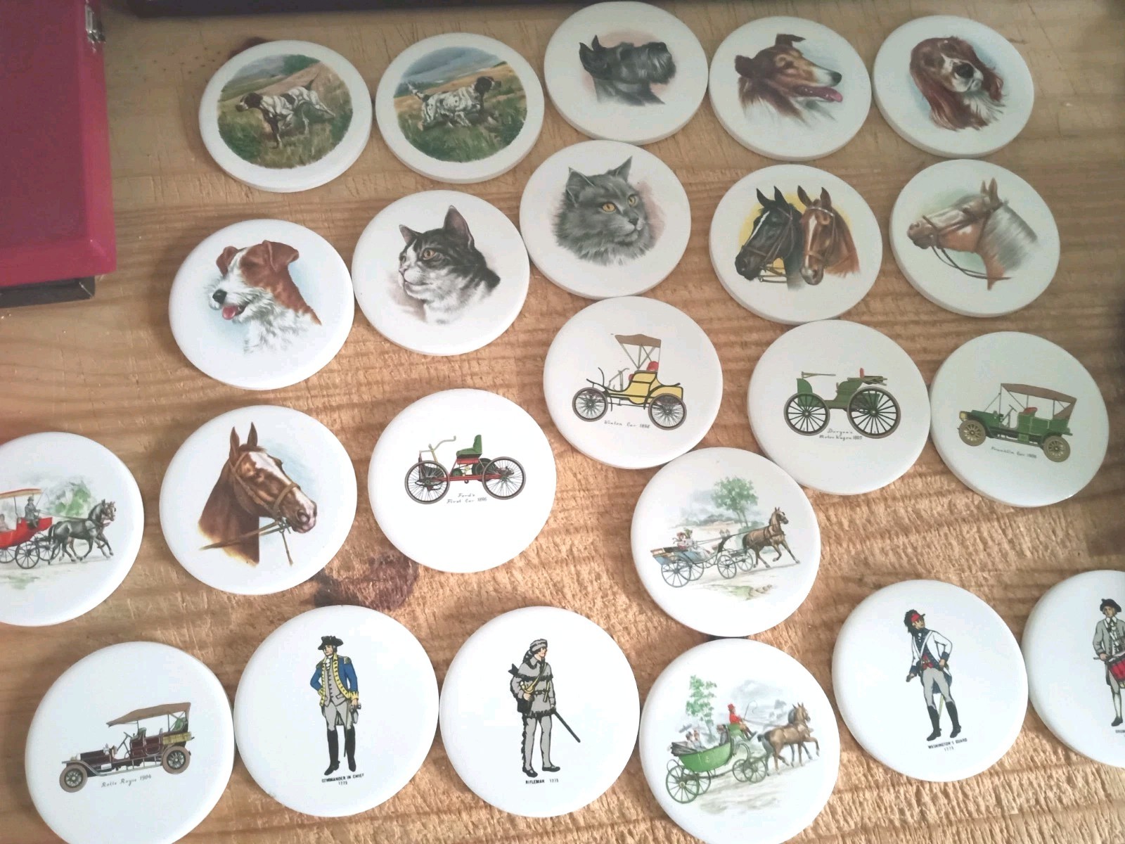 CERAMIC TILE VTG LOT.23 HIGHLY COLLECTIBLE.3.5".CARS,SOLDIERS,CATS,DOGS,HORSES+