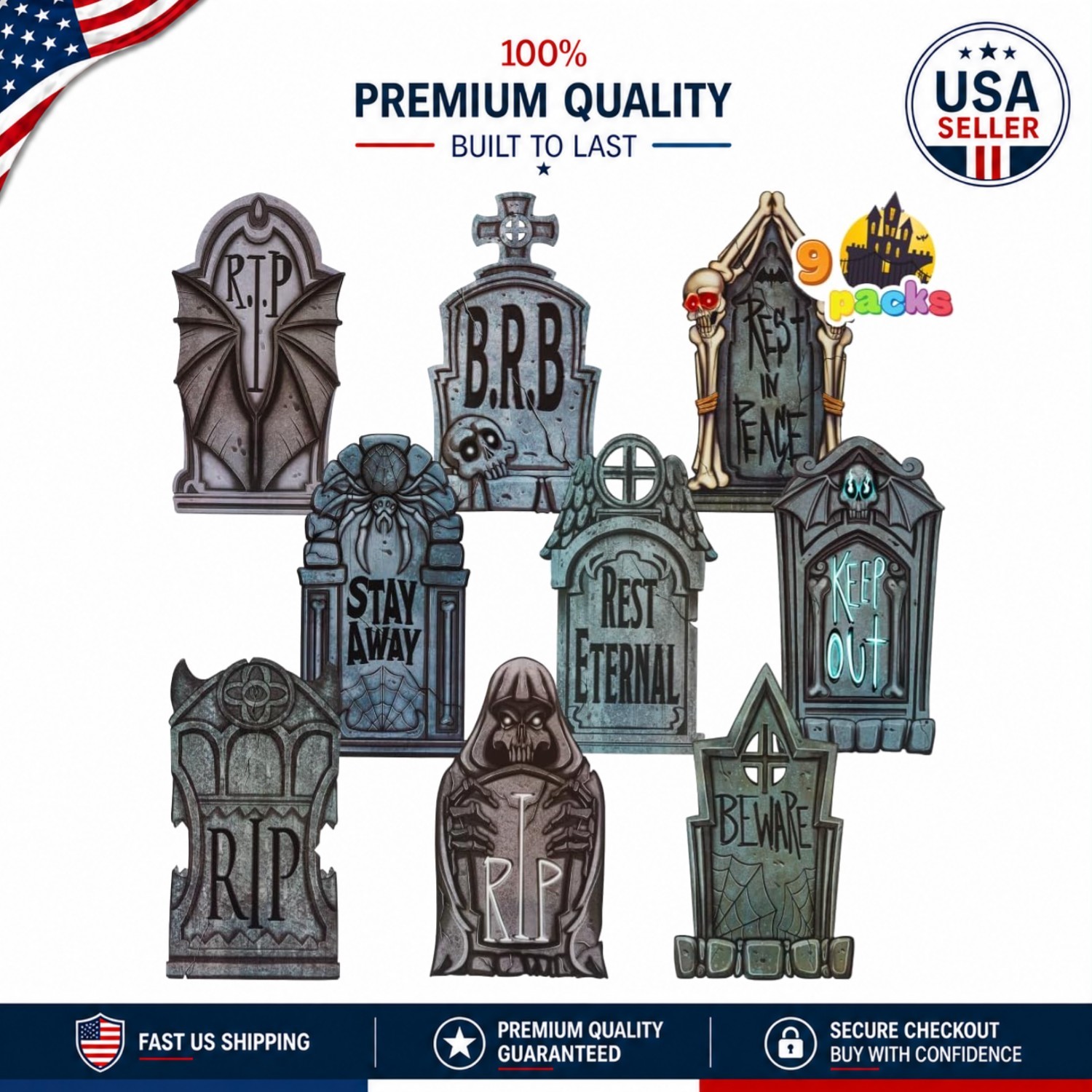 Chilling 9 Pack 16" Halloween Tombstones – Classic Graveyard Props for Parties