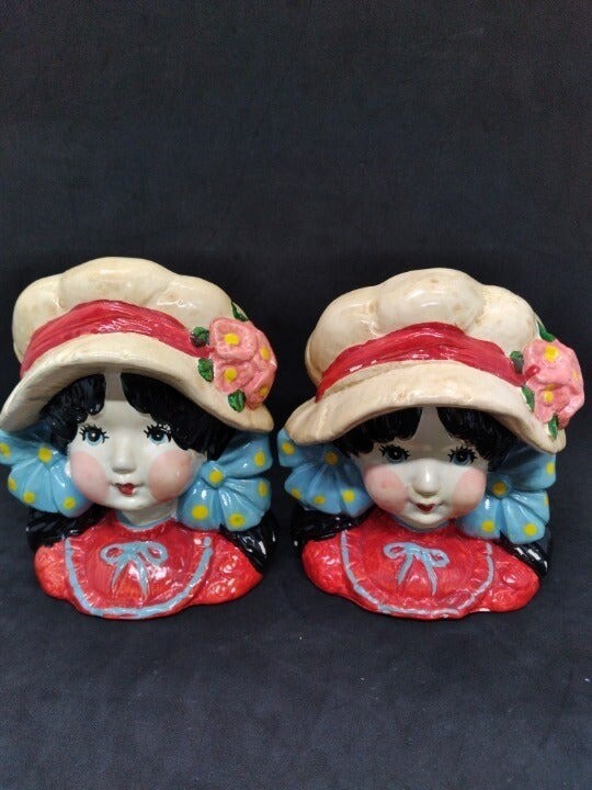 Two Vtg Enesco Japan Set of Strawberry Shortcake style Girls Head Planter vases Two Vtg Enesco Japan Set of Strawberry Shortcake style Girls Head Planter vases