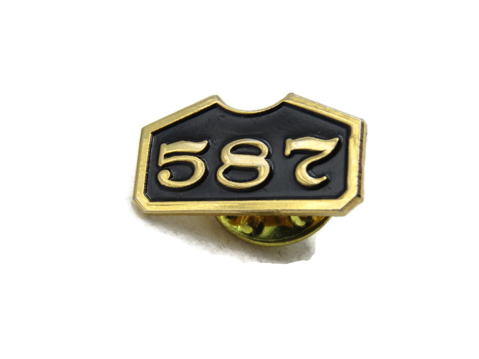 Vintage 587 Number Lapel Pin Black Enamel Gold Tone Metal Shield Shape Tie Tack Vintage 587 Number Lapel Pin Black Enamel Gold Tone Metal Shield Shape Tie Tack