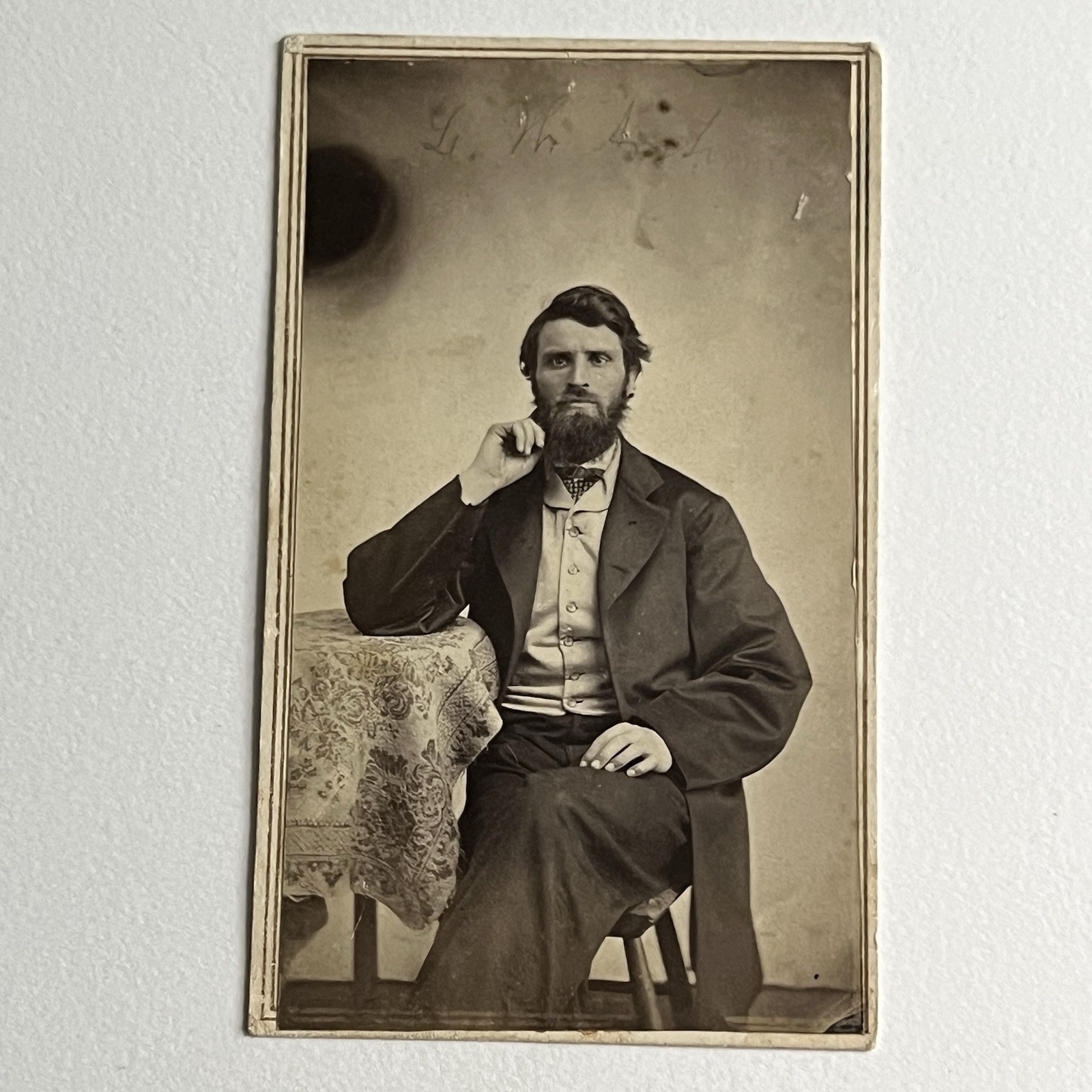 Antique CDV Photograph Handsome Man Black Orb Spirit Photo Spooky Odd