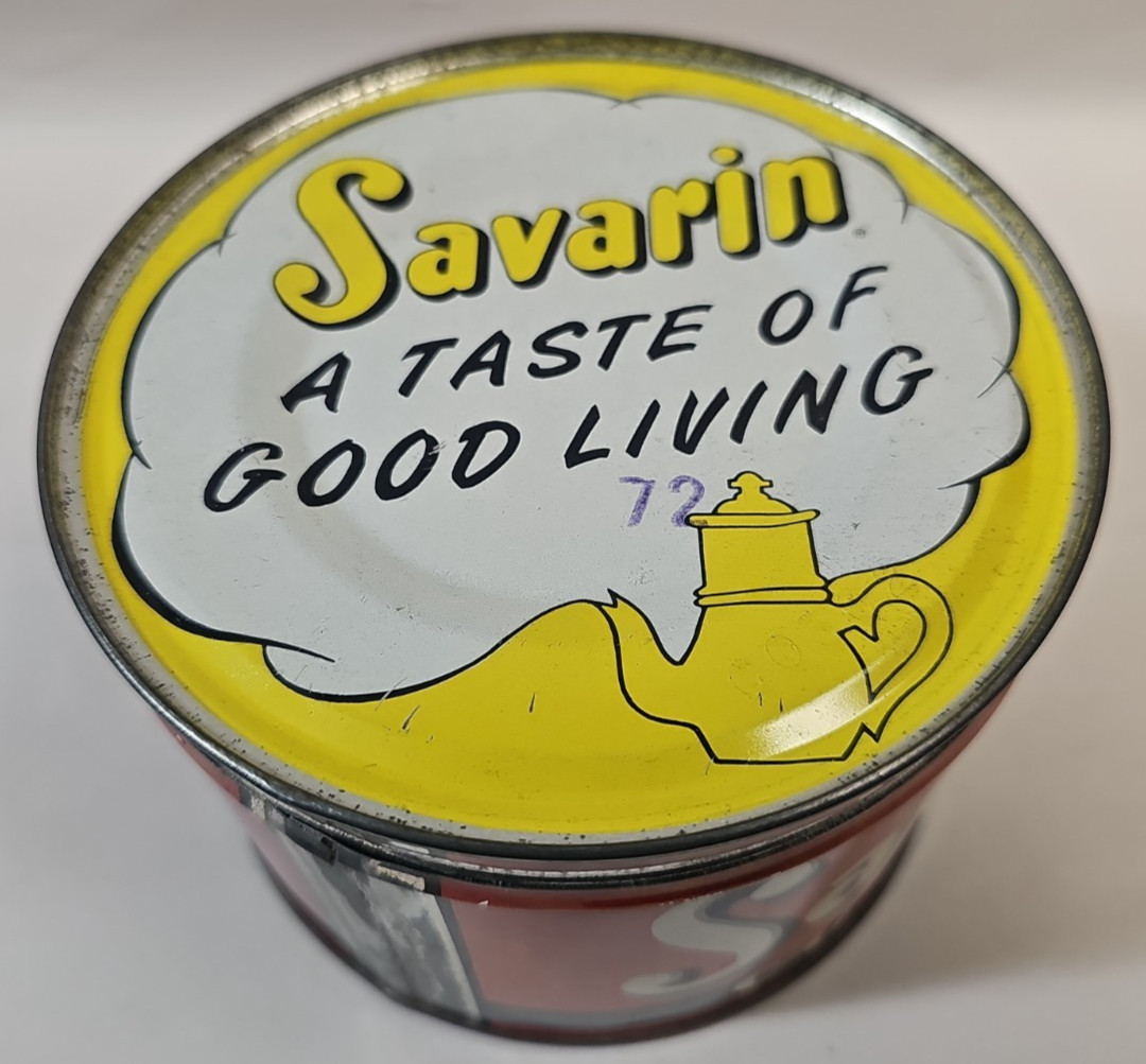 VINTAGE SAVARIN COFFEE TIN 1 LB CAN OLD ADVERTISING WITH YELLOW LID NICE SHAPE