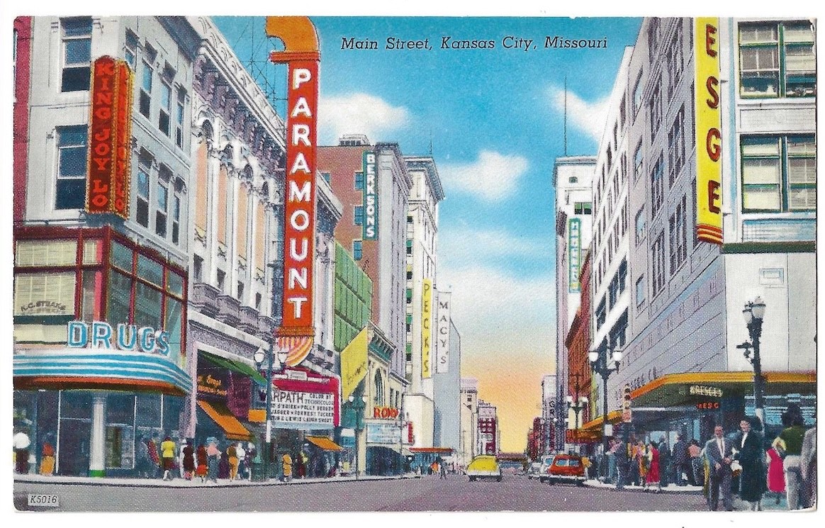 Kansas City Missouri c1950's Main Street business district, retail, Paramount Kansas City Missouri c1950's Main Street business district, retail, Paramount