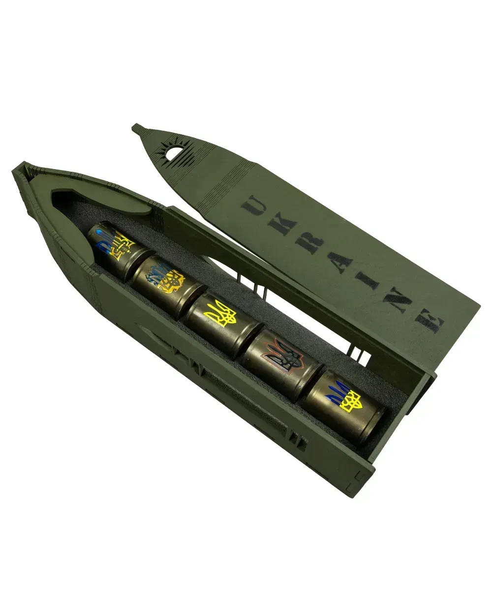 Ukraine Bullet Gift Set 5 Shot Glasses Trident wooden Box 39x9cm Souvenir Ukraine Bullet Gift Set 5 Shot Glasses Trident wooden Box 39x9cm Souvenir
