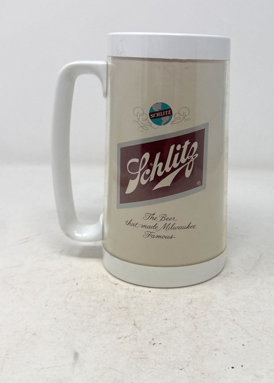 Schlitz Logo Beer Plastic Stein Mug Thermo-Serv White Handle Insulated Vintage. Schlitz Logo Beer Plastic Stein Mug Thermo-Serv White Handle Insulated Vintage.