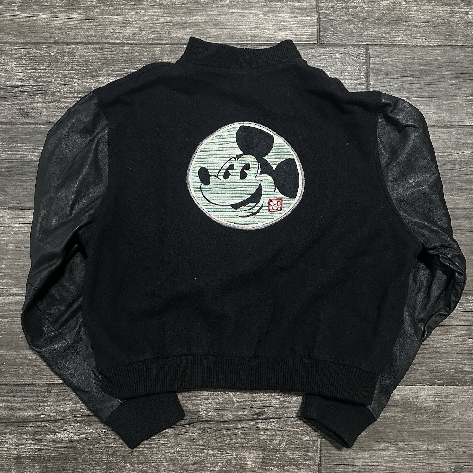 VTG 80s DISNEY CHANNEL MICKEY MOUSE LETTERMAN WOOL LEATHER JACKET VARISTY SZ L