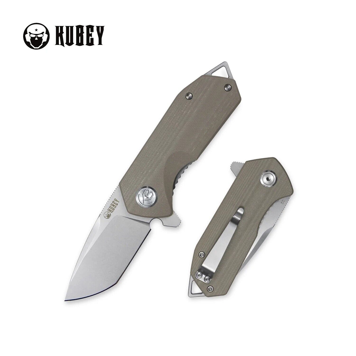 Kubey Campe Flipper Folding Knife Striped Khaki G10 Handle D2 Plain Edge KU203G