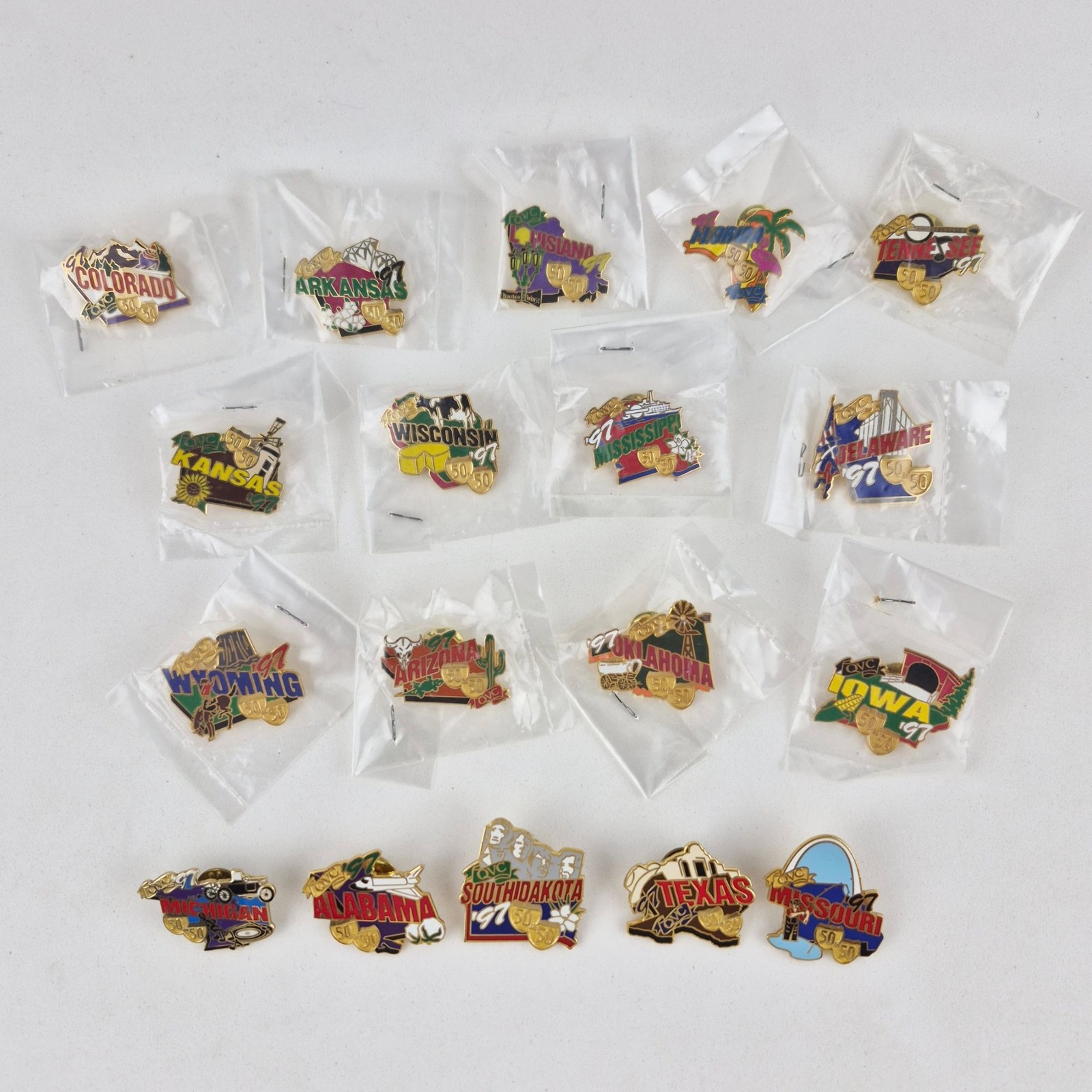 Vintage 1997 QVC 50 in 50 Tour State Travel Lapel Pins Lot of 18 Most Sealed Vintage 1997 QVC 50 in 50 Tour State Travel Lapel Pins Lot of 18 Most Sealed