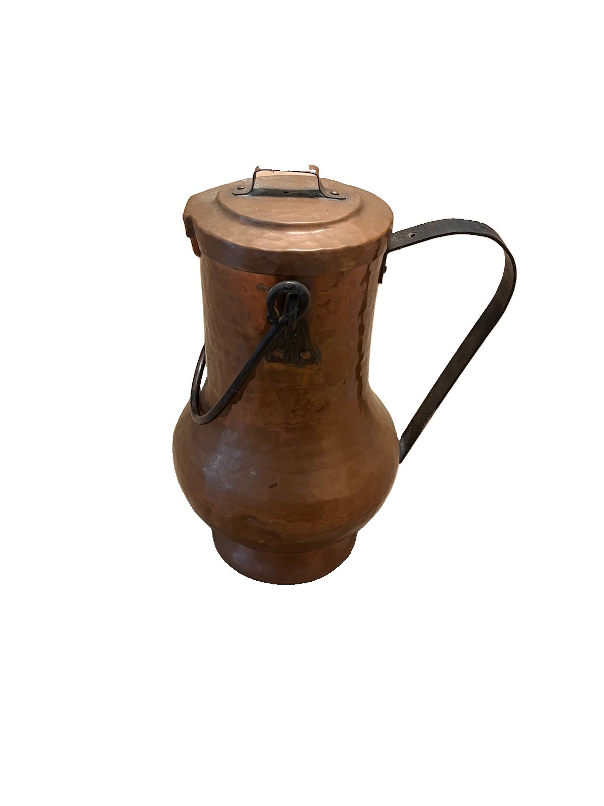 Antique Lg Old Hand Hammered Copper Brass Pitcher Jug with Handle and Top Metal