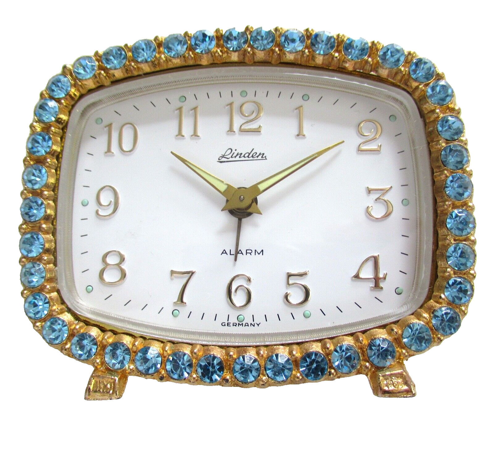 Vintage Linden Sapphire Rhinestone Travel Alarm Clock Jeweled Crystal Table Top
