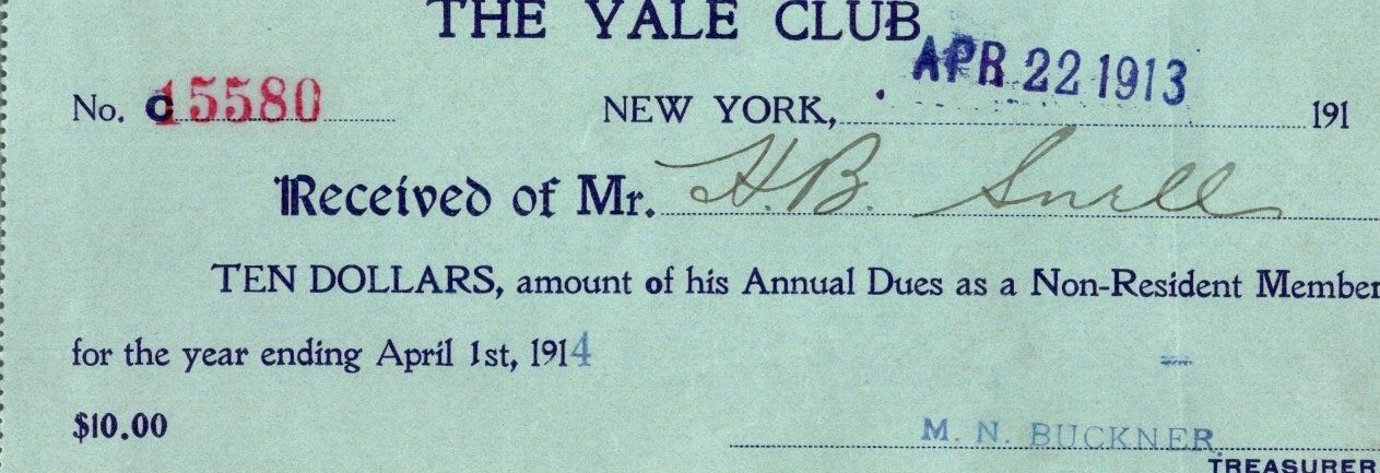 1913 Yale Club annual dues receipt 10.00 a18