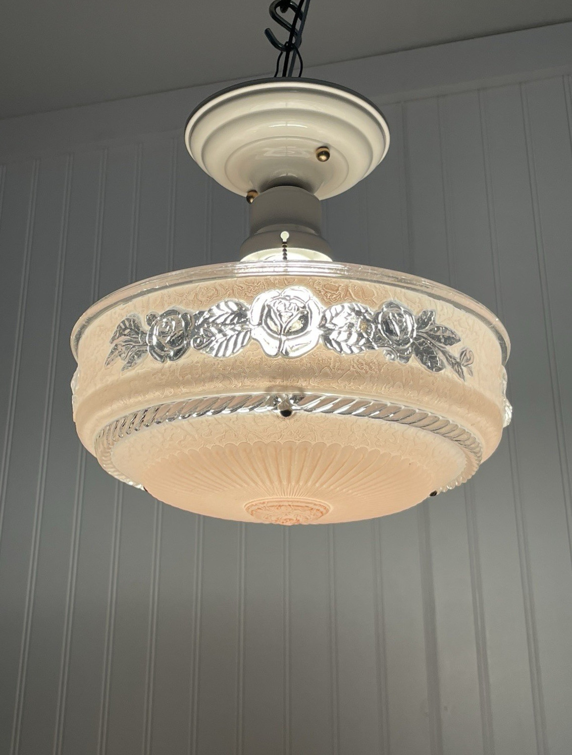 RESTORED Vtg Pink Semi Flush Mount Glass Ceiling Light Art Deco 1920s 1930 1940 RESTORED Vtg Pink Semi Flush Mount Glass Ceiling Light Art Deco 1920s 1930 1940