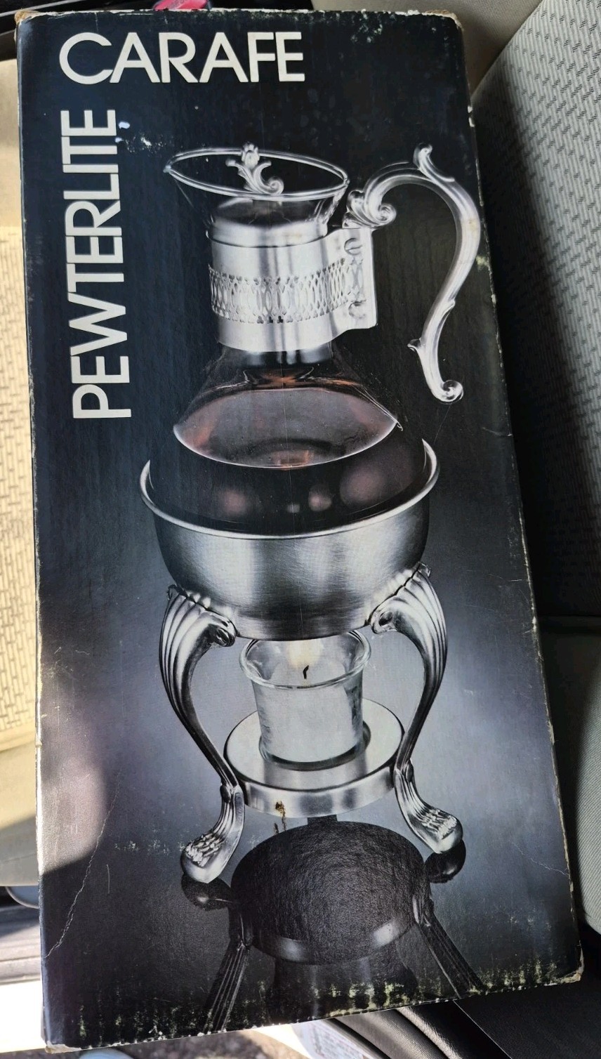 VINTAGE PEWTERLITE CARAFE AND WARMING STAND 9 Cup Open Box Unused Fb Rogers VINTAGE PEWTERLITE CARAFE AND WARMING STAND 9 Cup Open Box Unused Fb Rogers
