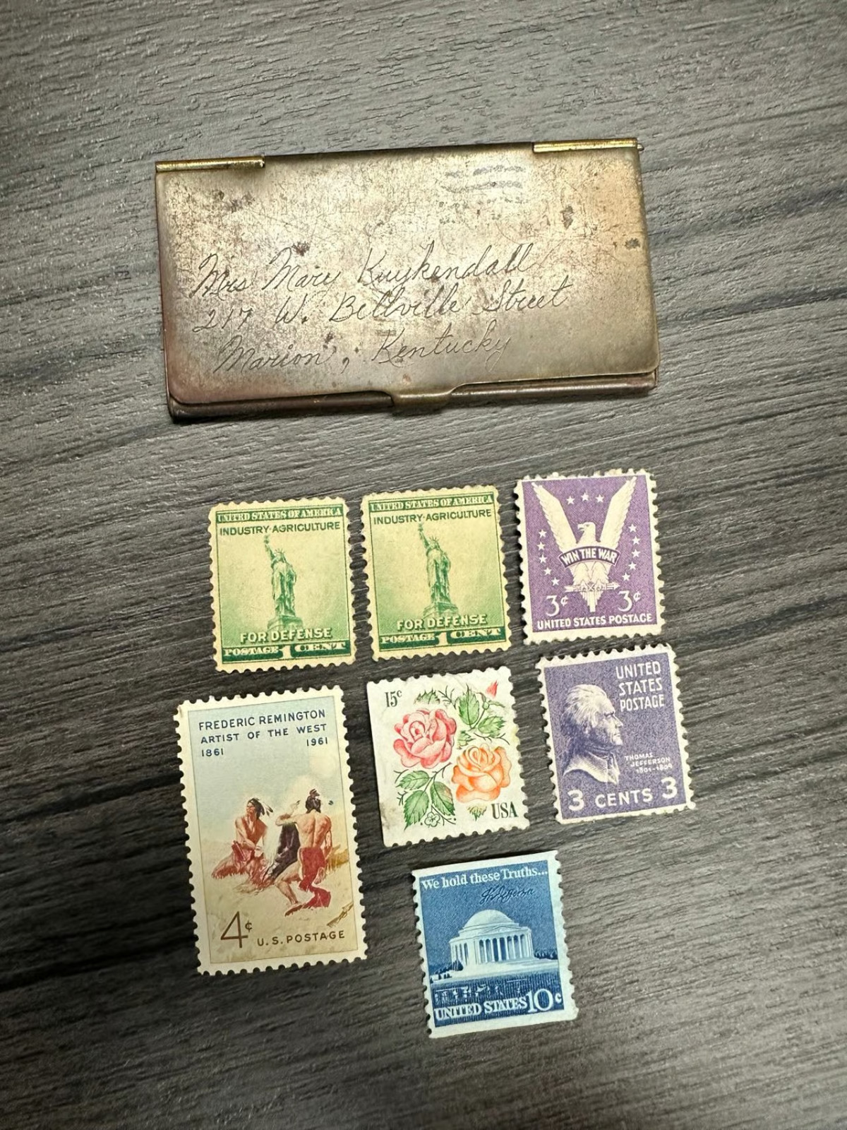 Antique Engraved Metal Envelope Vesta Case with Vintage US Postage Stamps Antique Engraved Metal Envelope Vesta Case with Vintage US Postage Stamps