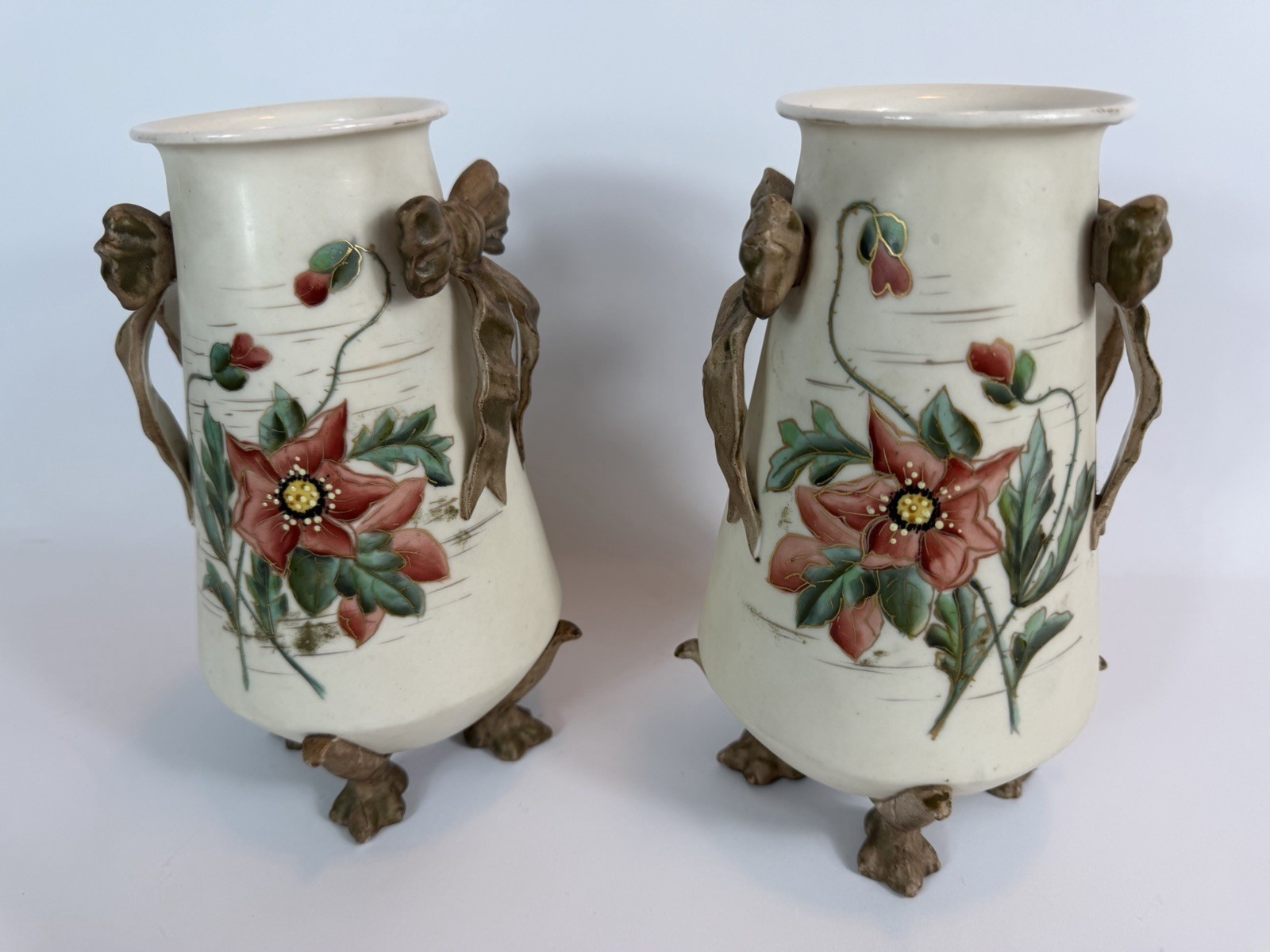 Antique French Onnaing Art Nouveau Majolica Vase Pair Model 672 c1900 Barbotine Antique French Onnaing Art Nouveau Majolica Vase Pair Model 672 c1900 Barbotine