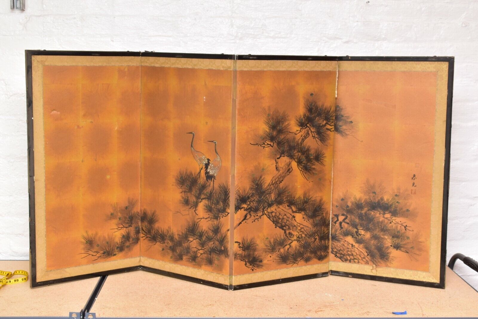 VTG Japanese Chinese 4 Panel Folding Screen Byobu Painted 61x31 antique Signed