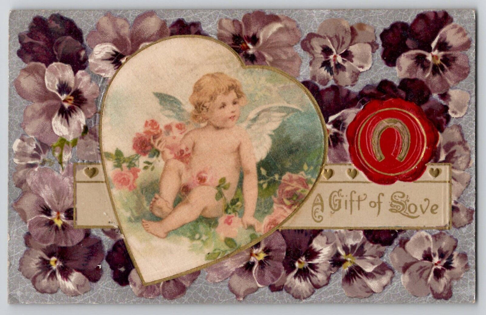 Valentine's Day Postcard Silk Heart Cupid Roses Pansies Winsch Back c1910's