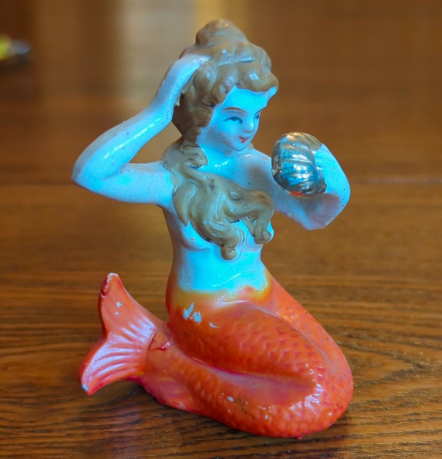 Occupied Japan Mermaid Holding Shell Figurine Height 3 in