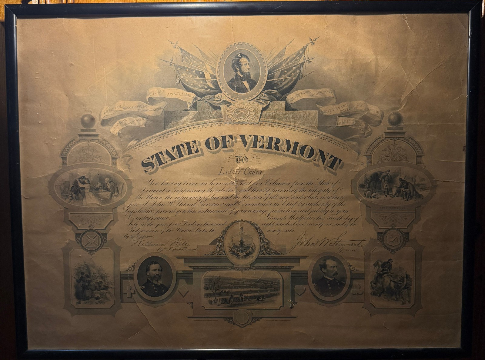 RARE 1871 Vermont Civil War Testimonial-Signed Gov John Stewart & William Wells RARE 1871 Vermont Civil War Testimonial-Signed Gov John Stewart & William Wells