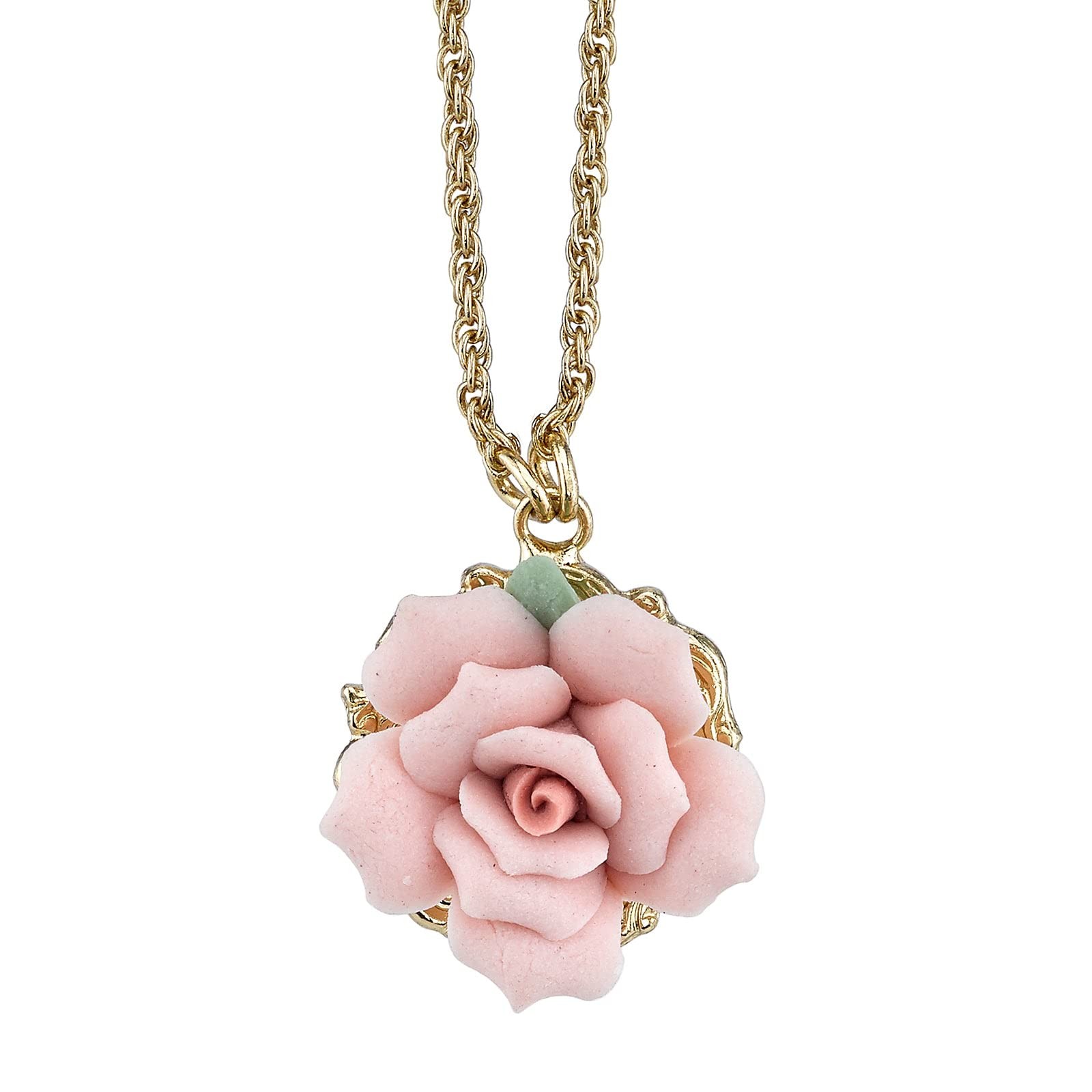 1928 Jewelry Genuine Pink Porcelain Rose Pendant Necklace 16" + 3" Extender 1928 Jewelry Genuine Pink Porcelain Rose Pendant Necklace 16" + 3" Extender