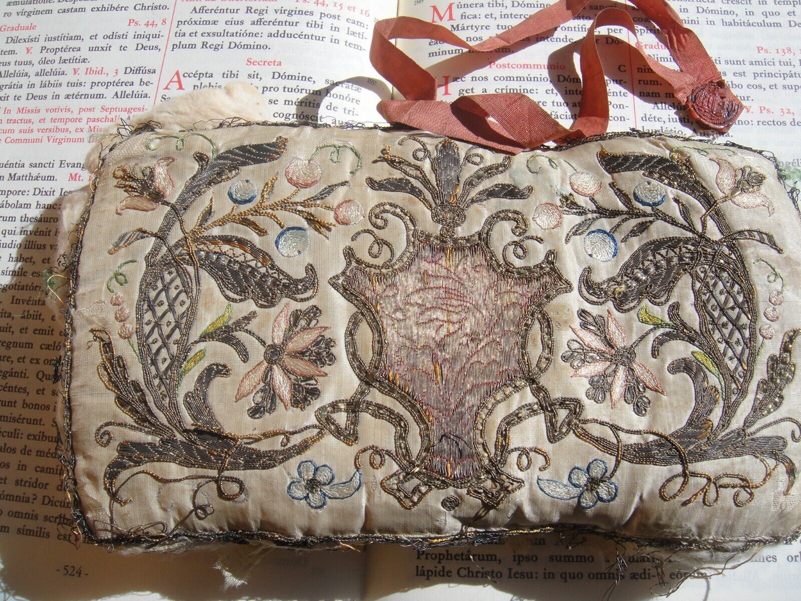 Christian rare relic silk pillow 1700s Saint Anne's foot COA