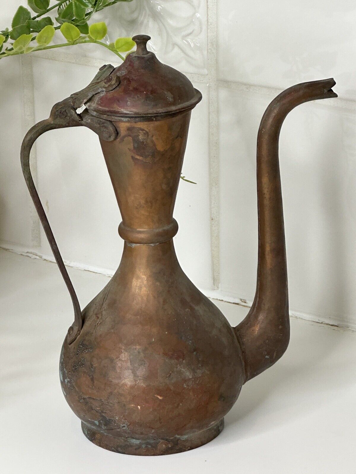 Antique Middle Eastern  Hammered Copper Tea / Coffee Ewer Pot 9” Tall