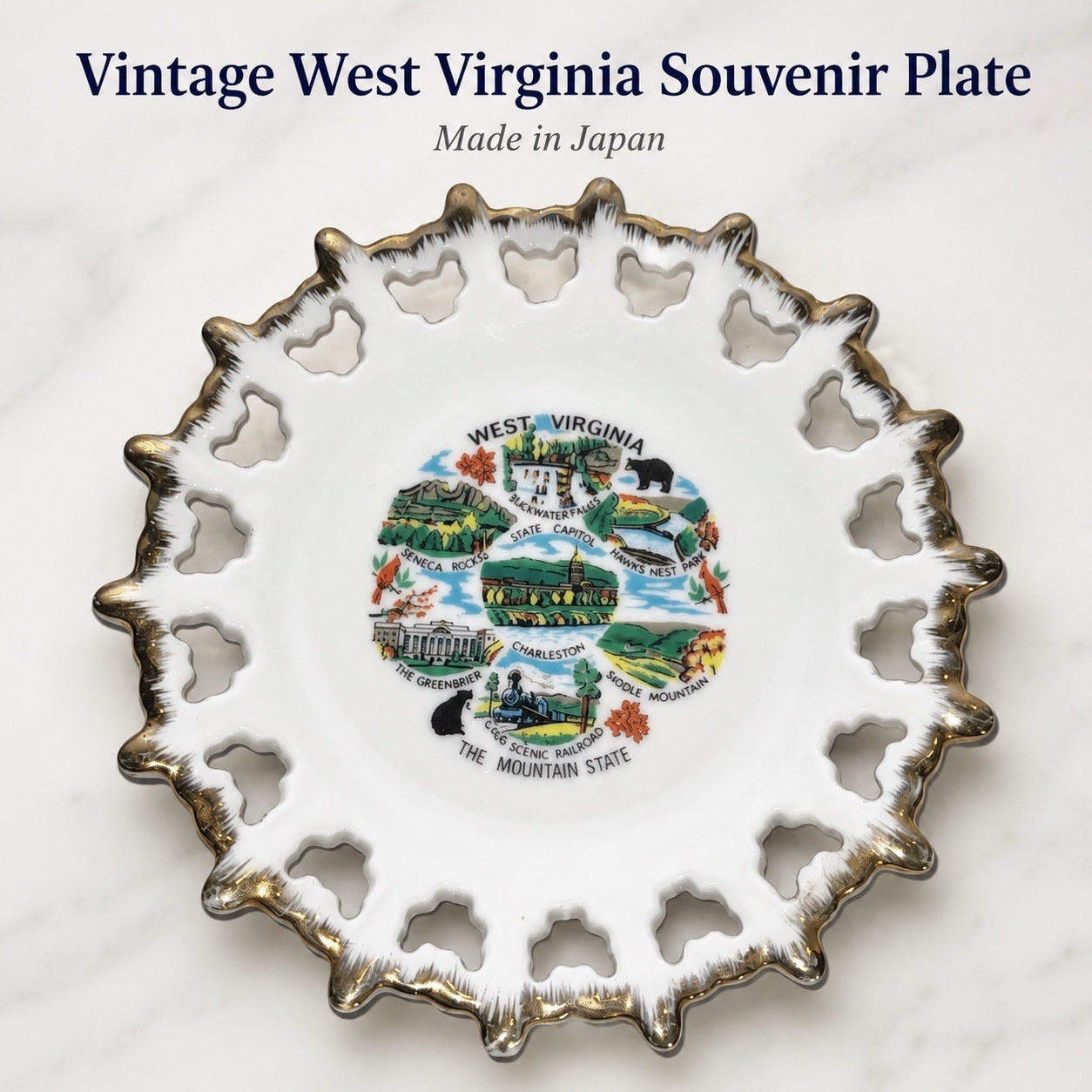 Vintage West Virginia Souvenir Plate Mountain State Scenic Japan Gold Trim Vintage West Virginia Souvenir Plate Mountain State Scenic Japan Gold Trim