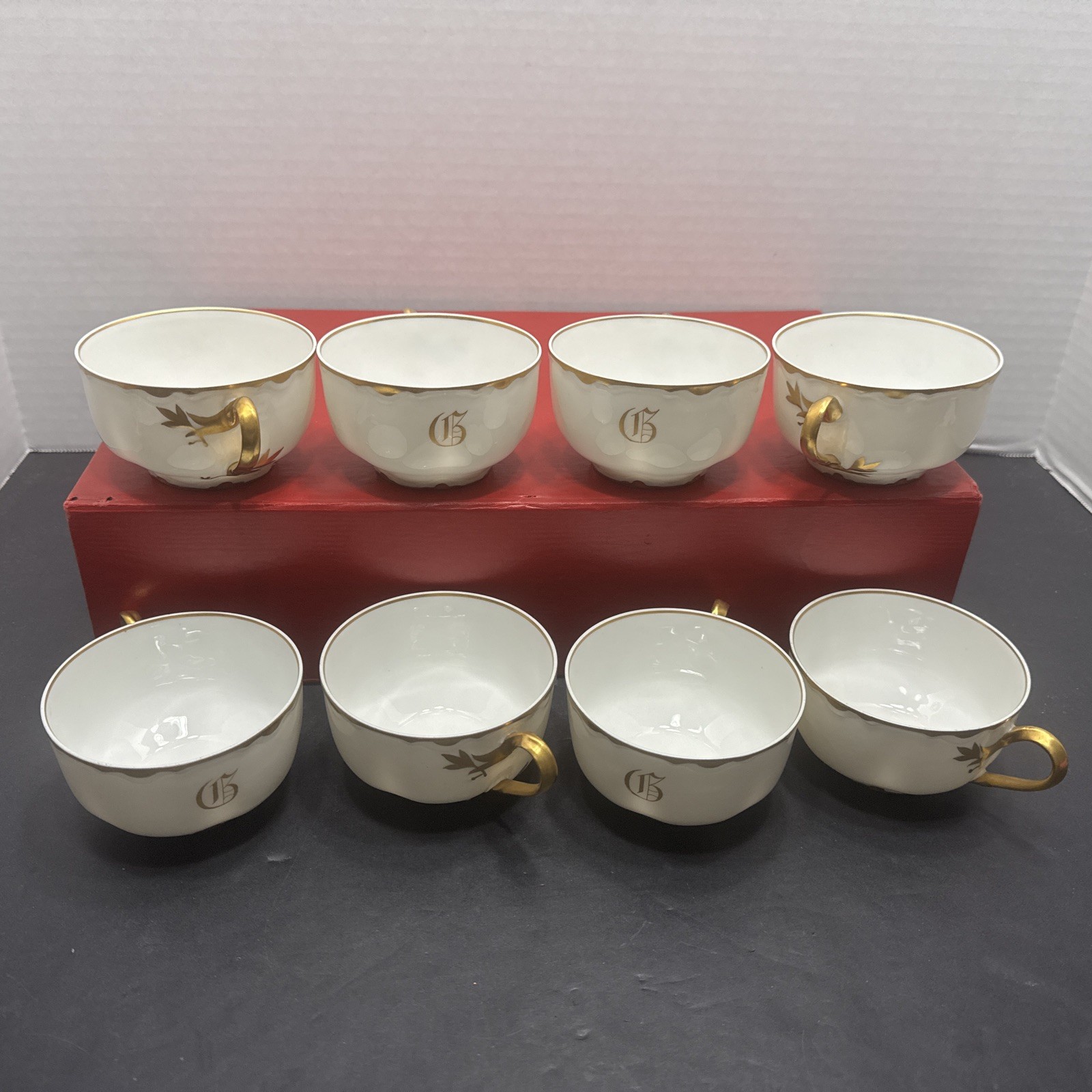 Haviland Limoges Gold Rim Monogram Dove Handle W/ Olive Branch Tea Cup Set Of 8 Haviland Limoges Gold Rim Monogram Dove Handle W/ Olive Branch Tea Cup Set Of 8