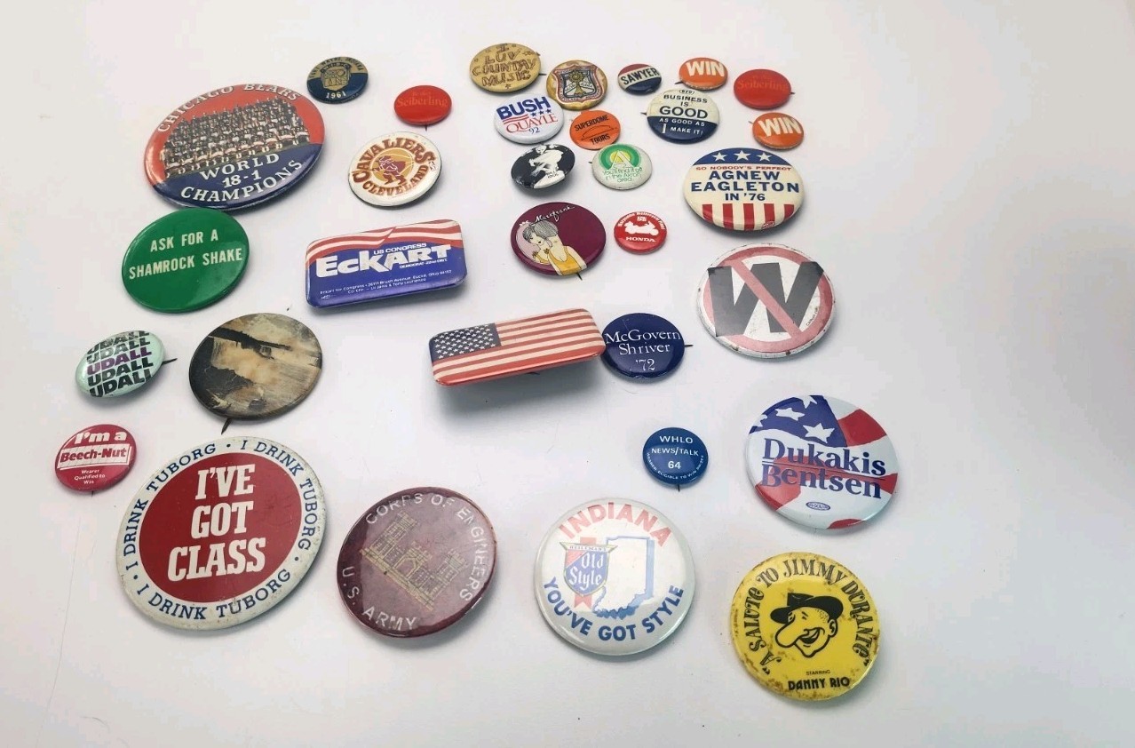Vintage Pinback Button Lot of 32  Political Sports Ads Promo Military ++