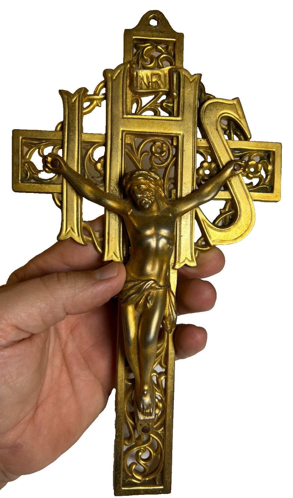 Antique Art Deco Era Ornate Gilt Metal Crucifix IHS Openwork Wall Cross Gilded Antique Art Deco Era Ornate Gilt Metal Crucifix IHS Openwork Wall Cross Gilded