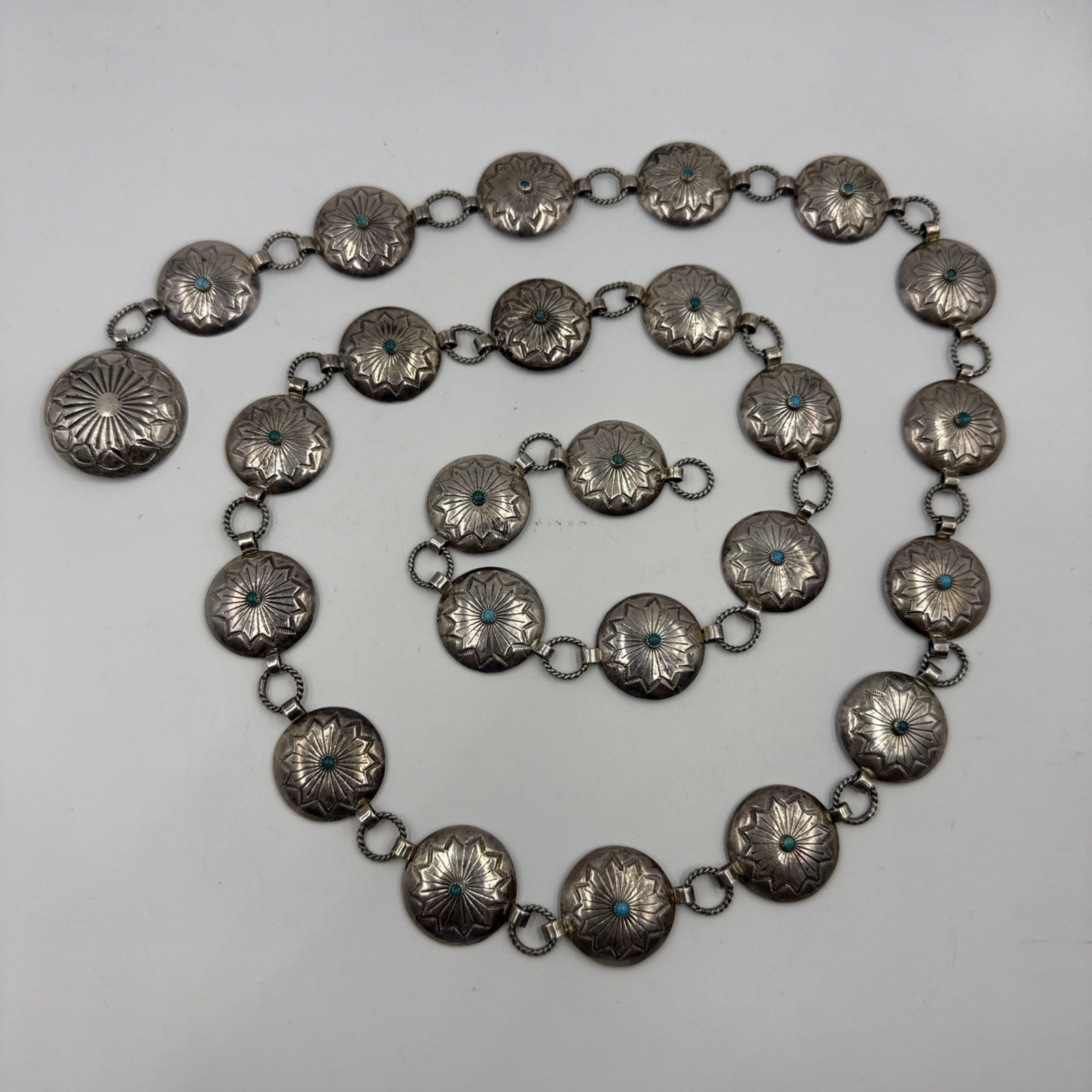 Vintage Navajo 46” Concho Belt 925 Sterling Silver w/Turquoise Cabochons 159g Vintage Navajo 46” Concho Belt 925 Sterling Silver w/Turquoise Cabochons 159g