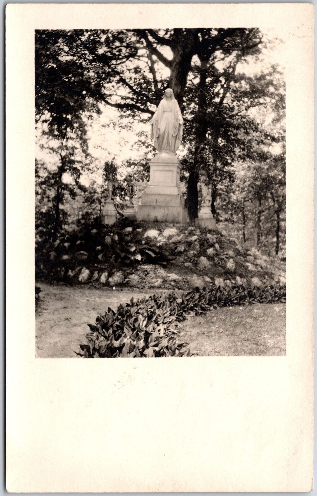 Statue Of Mother Mary In The Garden Real Photo RPPC Postcard