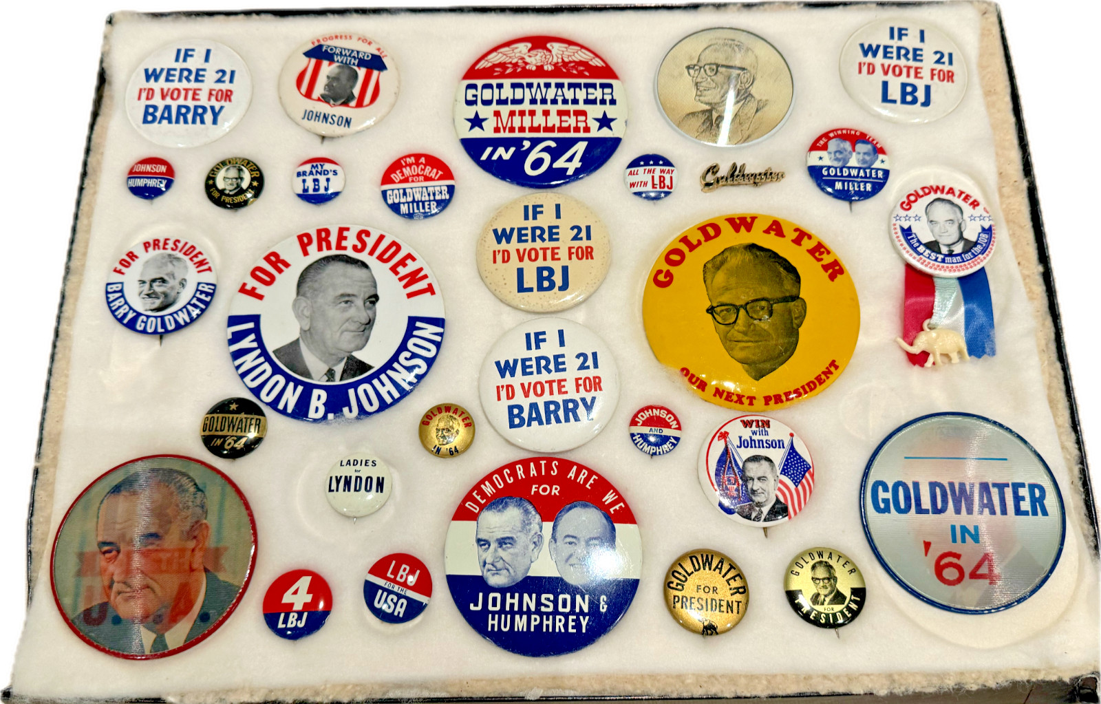 1964 LBJ Large Goldwater Button Lot - Green Duck & Union Bugs 1964 LBJ Large Goldwater Button Lot - Green Duck & Union Bugs