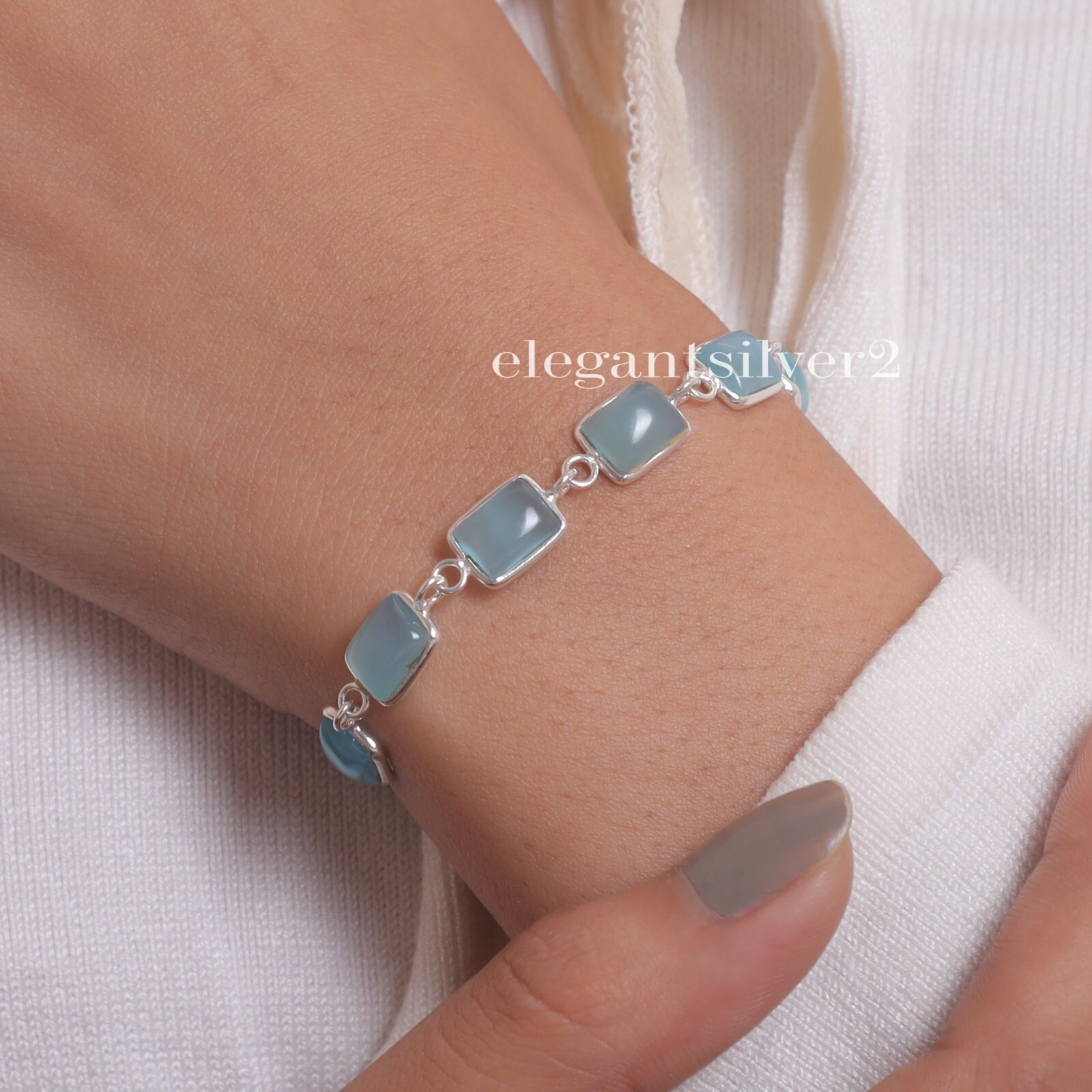 Bracelet 925 Sterling Silver Blue Chalcedony Cabochon Handmade Gemstone Jewelry Bracelet 925 Sterling Silver Blue Chalcedony Cabochon Handmade Gemstone Jewelry
