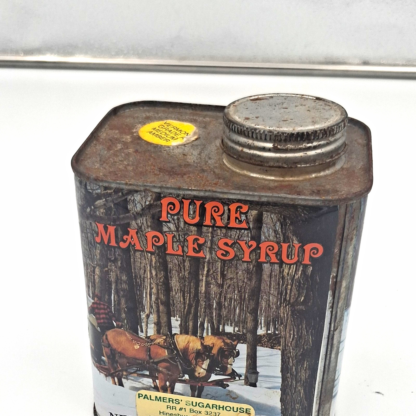 Vermont Pure Maple Syrup Advertising Tin Can, Multicolor Pancakes & Syrup Theme Vermont Pure Maple Syrup Advertising Tin Can, Multicolor Pancakes & Syrup Theme