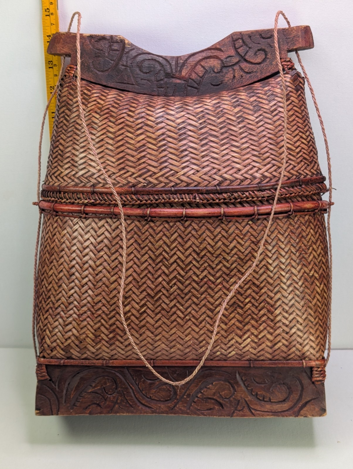 Vintage Southeast Asian Woven Rattan Carrying Basket Carved Wood Tribal Folk Art Vintage Southeast Asian Woven Rattan Carrying Basket Carved Wood Tribal Folk Art