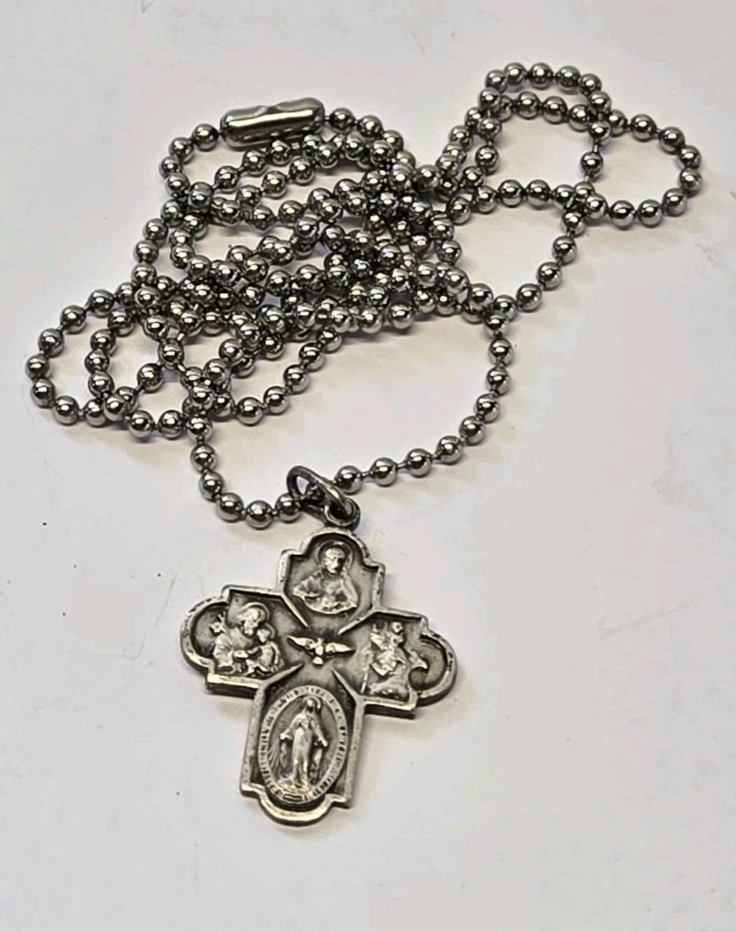 Vintage French 4 Way Silver Plated Catholic Medal on 24" Bead Ball Chain Vintage French 4 Way Silver Plated Catholic Medal on 24" Bead Ball Chain