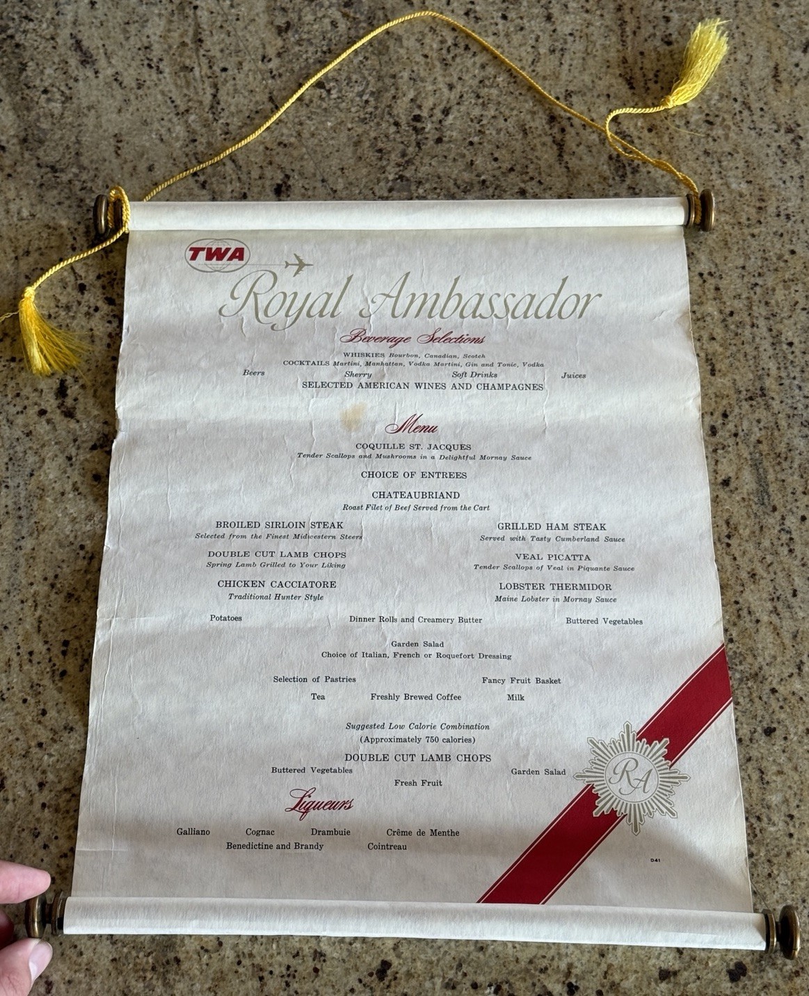 Vintage 1970s TWA Royal Ambassador Menu Scroll Roll Out Hanging Airlines Vtg