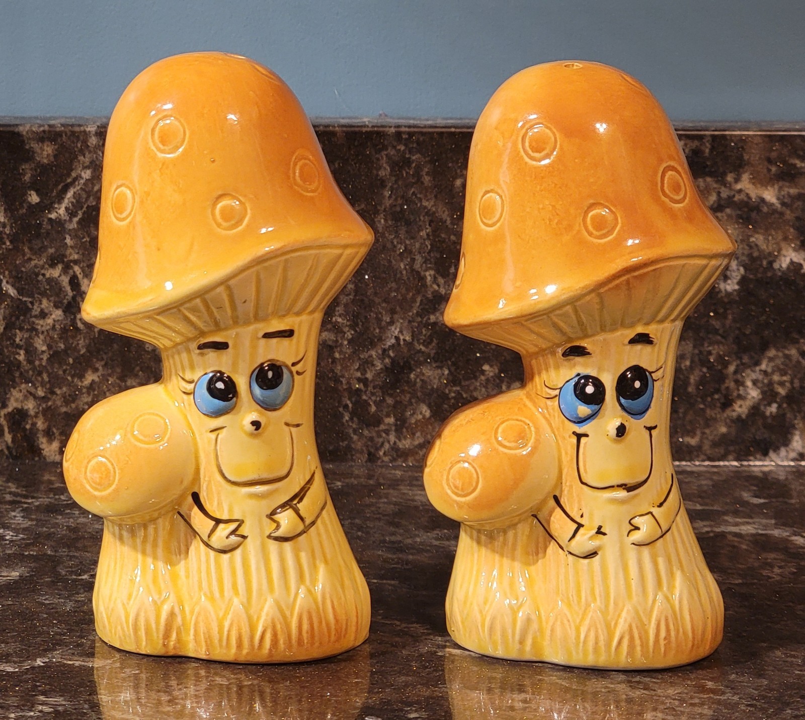 Vintage 1970's Anthropomorphic Mushroom 5.25" Salt & Pepper Shakers Kitsch Japan