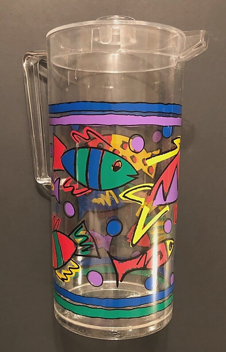AMC Vintage 1993 Colors Retro Plastic Fish Water Clear Pitcher Tumblers Set 8