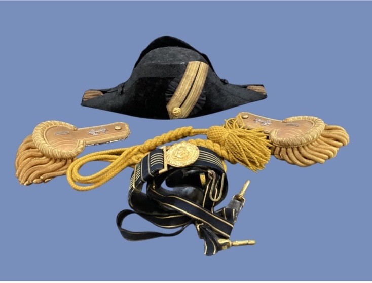 Antique Naval Officer Bicorne Hat Epaulets Belt Cord LTJG Dress Lot Antique Naval Officer Bicorne Hat Epaulets Belt Cord LTJG Dress Lot