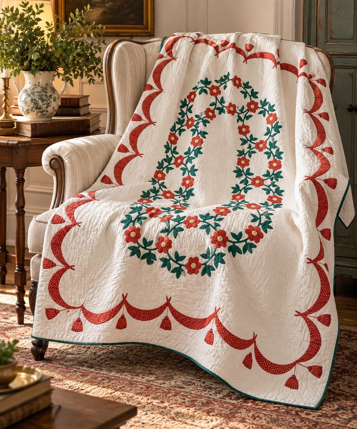 Vintage 1940s Floral Applique Quilt 62.5x82.5 Red Green Scallop Border Handmade