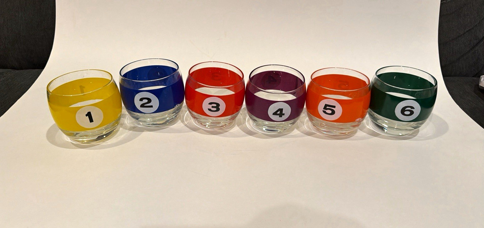 Vintage MCM Cera Roly Poly Billiard Lowball Cocktail Glasses Pool Balls Set