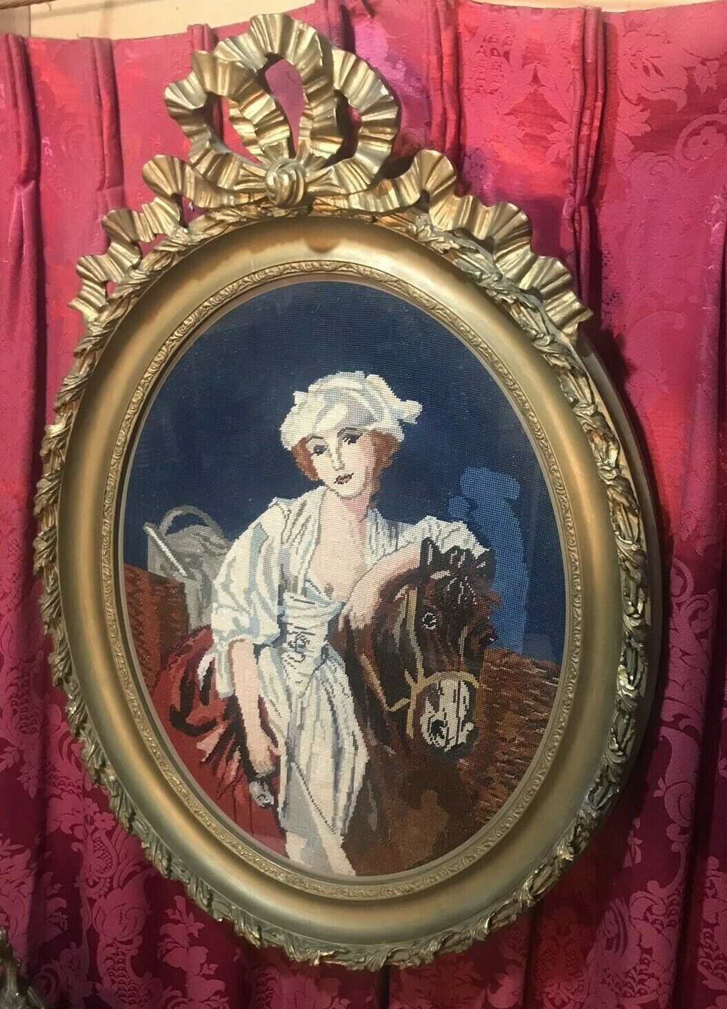 ANTIQUE VICTORIAN GILT FRAMED NEEDLEWORK OF A MAIDEN & HORSE ANTIQUE VICTORIAN GILT FRAMED NEEDLEWORK OF A MAIDEN & HORSE