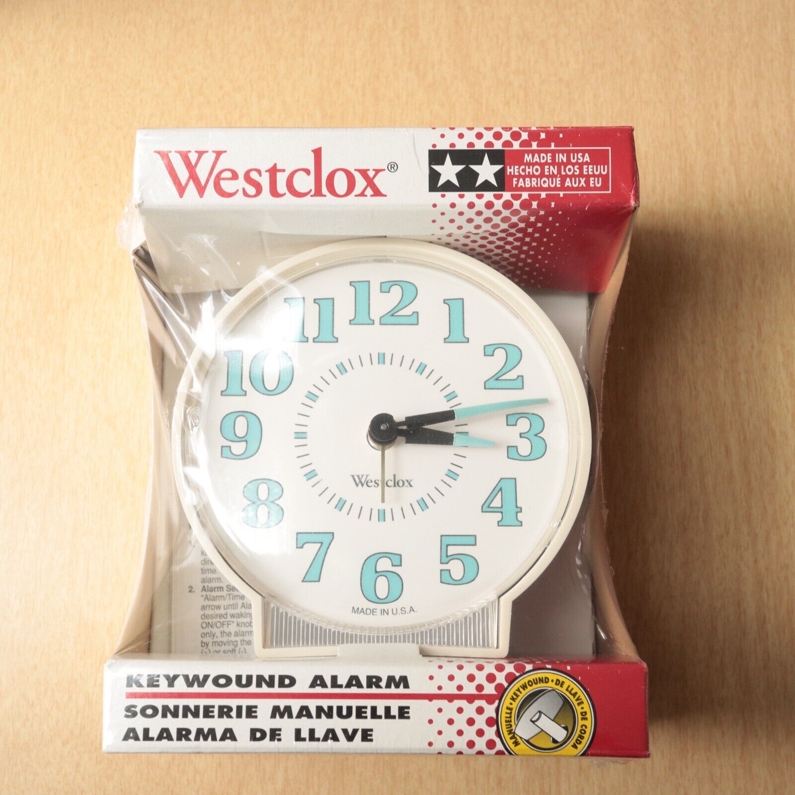 Vintage WESTCLOX Keywound Alarm Clock 15136 Ivory/ Blue Numbers NOS Made in USA