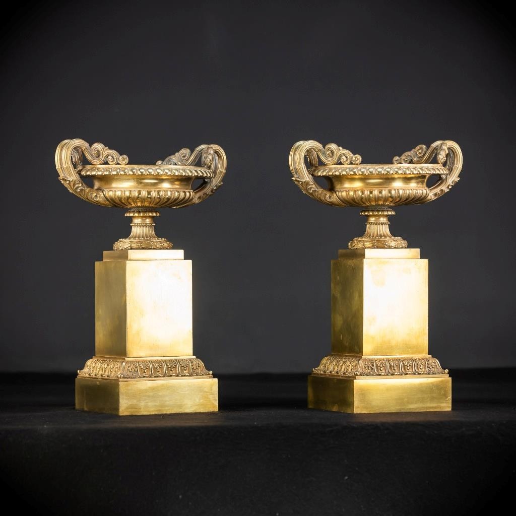 Pair of Urns / Tazze Gilded Bronze-Brass Antique | Two French 1700s Vases | 13”_