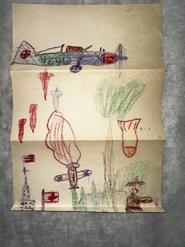 WWII WORLD WAR II childrens letter 1943 with detaiuled draweing fantastic scarce WWII WORLD WAR II childrens letter 1943 with detaiuled draweing fantastic scarce