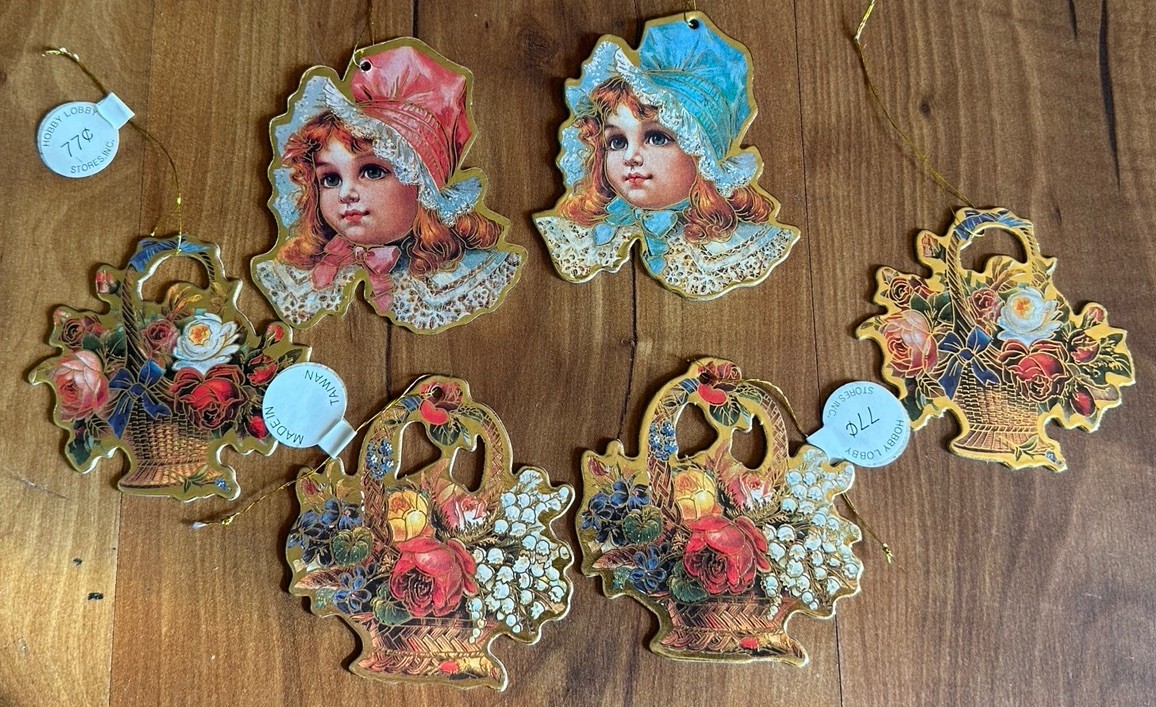 Vintage Cardboard Victorian Christmas Tree Ornaments Floral Girl Gold Metallic Vintage Cardboard Victorian Christmas Tree Ornaments Floral Girl Gold Metallic