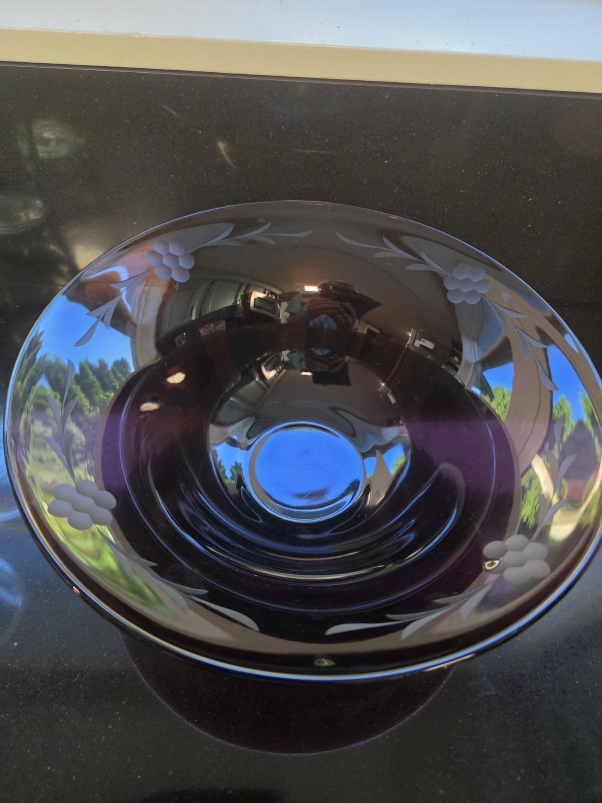 Vintage Amethyst Purple Art Glass 10.5" Console Bowl Etched Frosted Grapes Vine Vintage Amethyst Purple Art Glass 10.5" Console Bowl Etched Frosted Grapes Vine